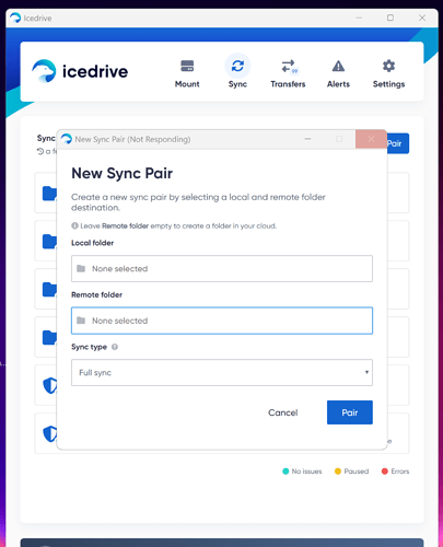 Icedrive screenshot of app not responding when trying to create new sync pair